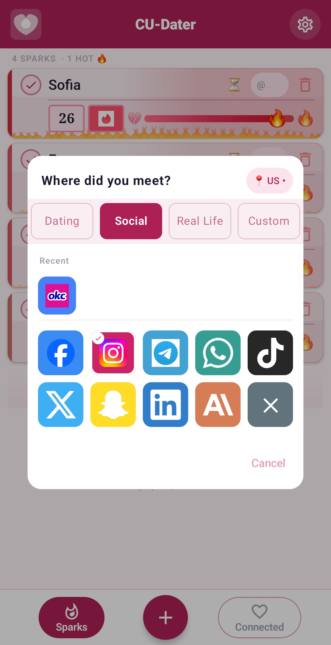 Pick the social app where you met